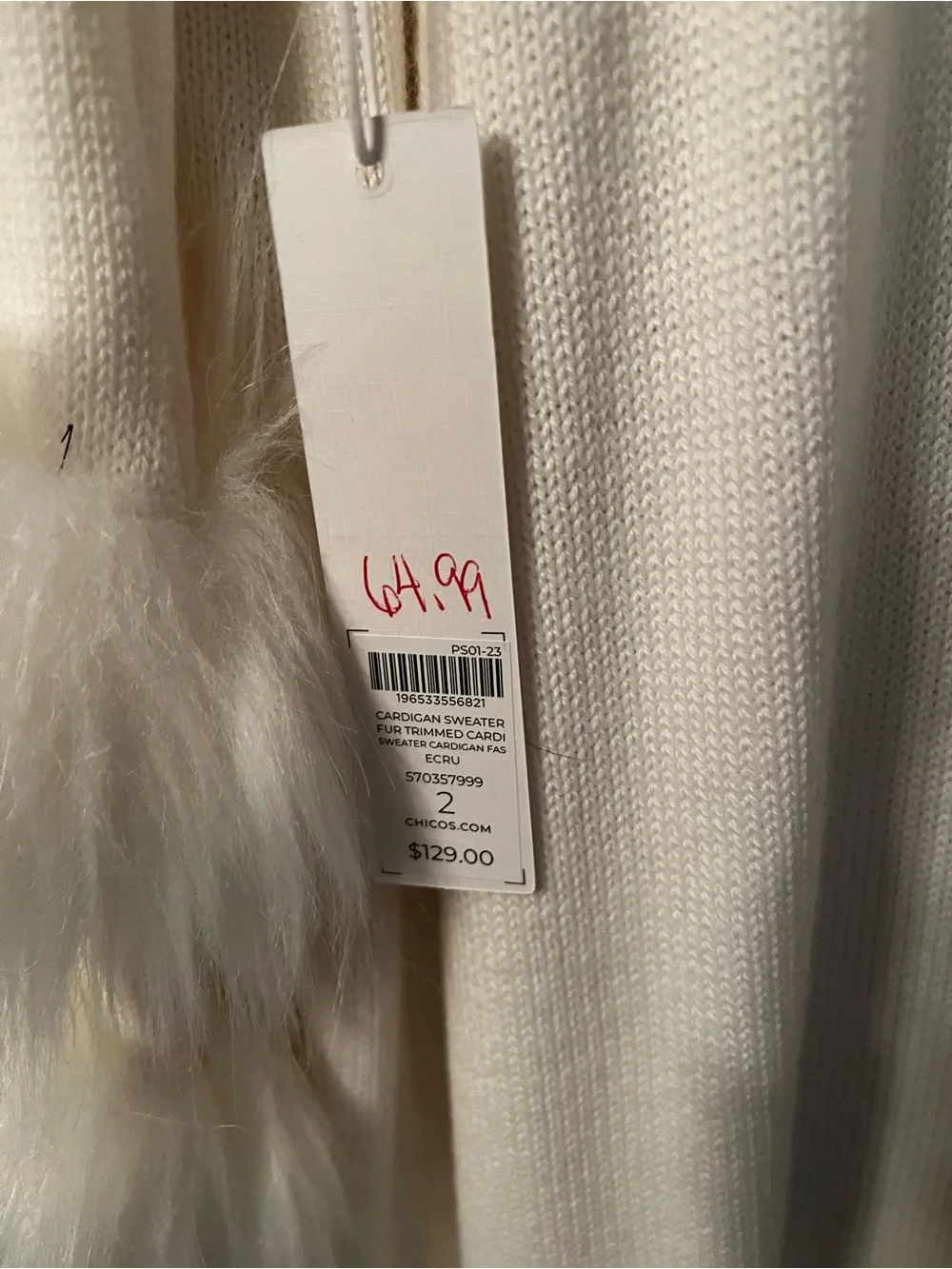 Chico's Ivory Open-Front Cardigan with Faux-Fur Cuffs - Picture 3 of 3